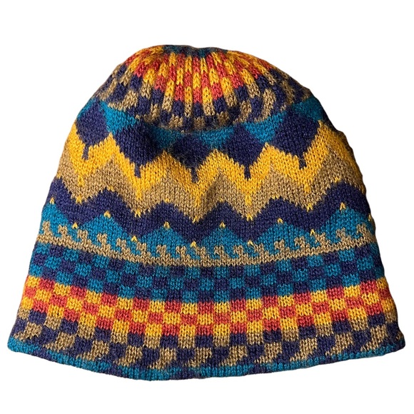 Vintage Other - Funky VTG 80's Italian Knit Beanie Toboggan Hat Adult OS | Gold, Blue & Red